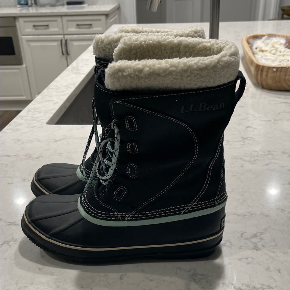 L.L. Bean Black Snow Boots with cream and light green stitching